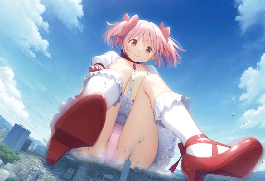 ai_generated ass ass ass_focus big_ass big_butt city destroyed_building giantess hair_ribbon madoka_kaname magical_girl mahou_shoujo_madoka_magica panties pink_eyes pink_hair puella_magi_madoka_magica red_ribbon ribbon ribbons sitting thick_ass thick_thighs twintails upskirt