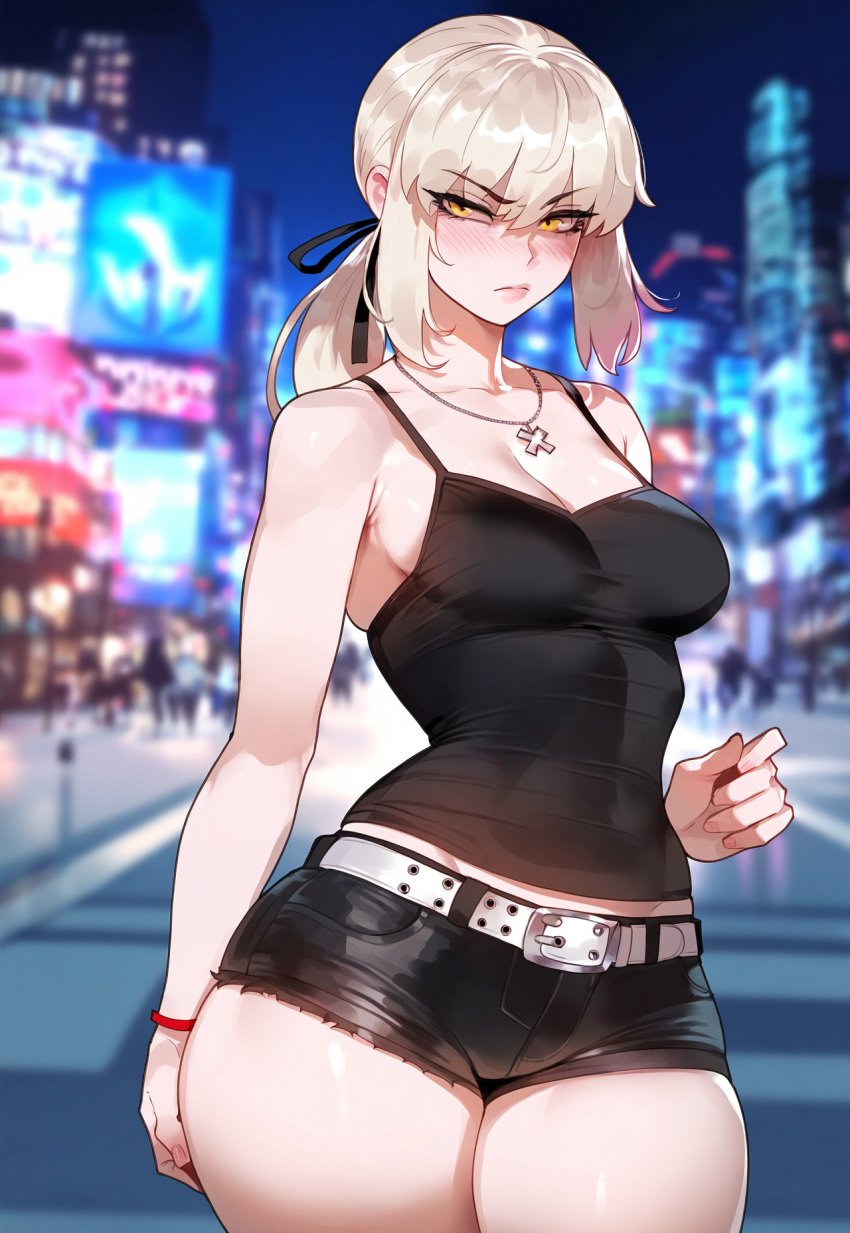 1girls ai_generated alternate_breast_size artoria_pendragon artoria_pendragon_(alter) artstyle_imitation belt blonde_hair breasts fate/grand_order fate_(series) female female_only floox hi_res high_resolution large_breasts light-skinned_female light_skin long_hair naughty_face pale-skinned_female pale_skin saber_alter shiny_clothes short_shorts shorts stable_diffusion thiccwithaq_(ai_style) thick_thighs thighs tight_shorts yellow_eyes