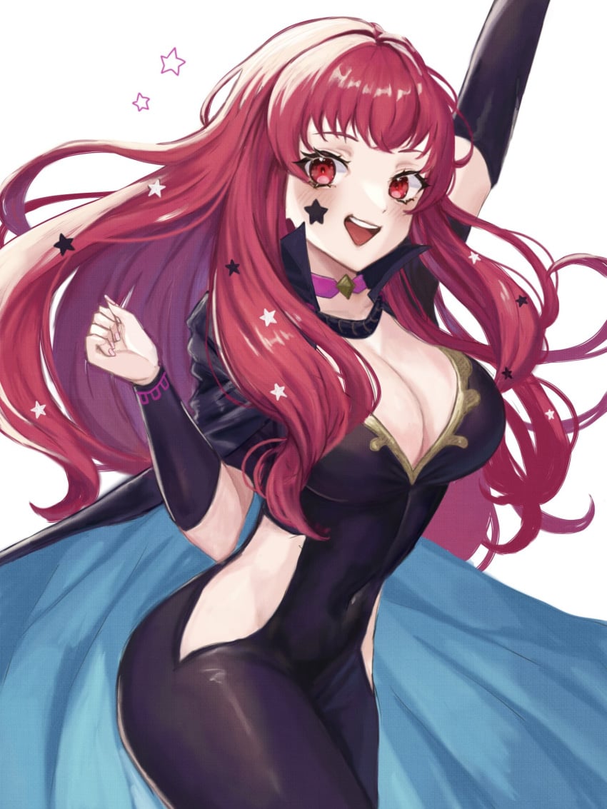 1girls :d arm_up bodysuit breasts choker cleavage commentary covered_navel cowboy_shot facial_mark female female_only fire_emblem fire_emblem_engage highres hip_vent large_breasts long_hair looking_at_viewer nintendo open_mouth pink_choker red_eyes red_hair redrawn simple_background smile solo standing star_(symbol) thighs very_long_hair white_background yunaka_(fire_emblem) zqzbq