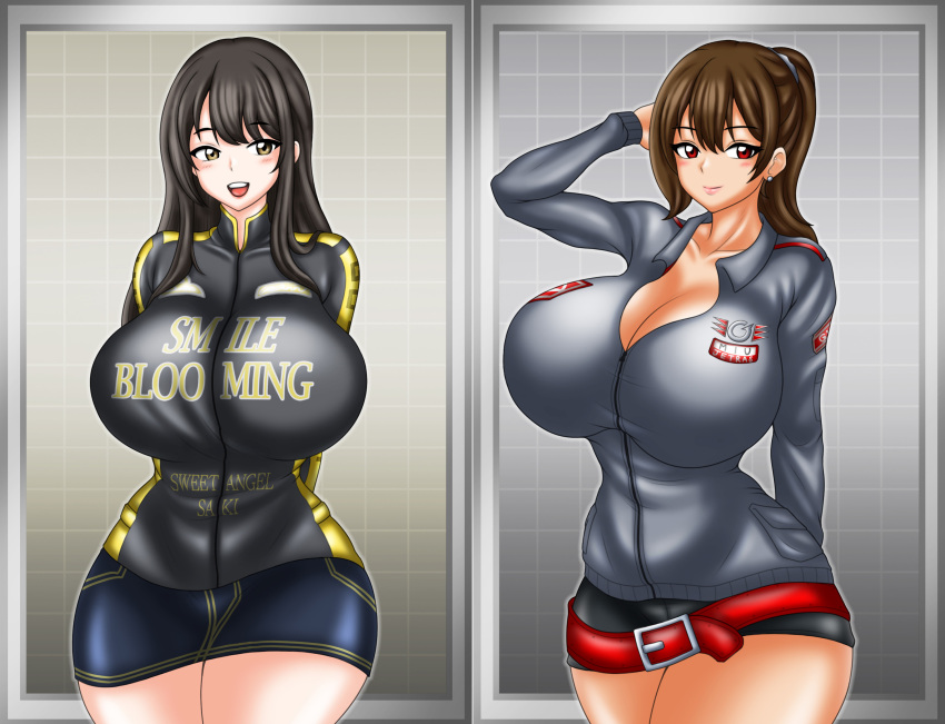 2girls alluring big_breasts black_hair brown_eyes brown_hair cleavage engine_sentai_go-onger jacket pin_up rouyama_saki short skirt super_sentai sutou_miu treezero