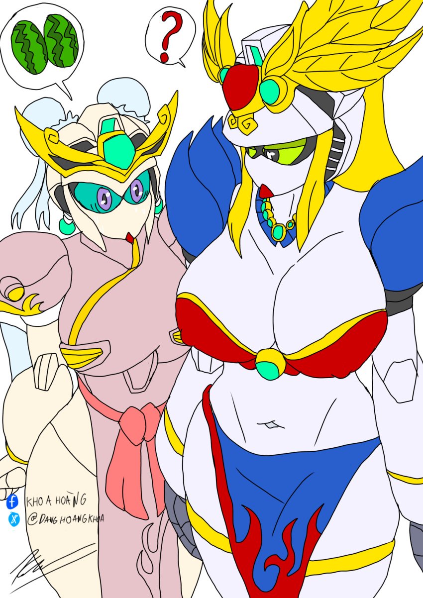 2girls big_breasts blonde_hair breasts creatork female gundam huge_breasts humanoid mecha mobile_suit nobel_gundam robot robot_girl sd_gundam sd_gundam_sangokuden shukuyuu_gundam sonshoukou_gerbera speech_bubble white_skin