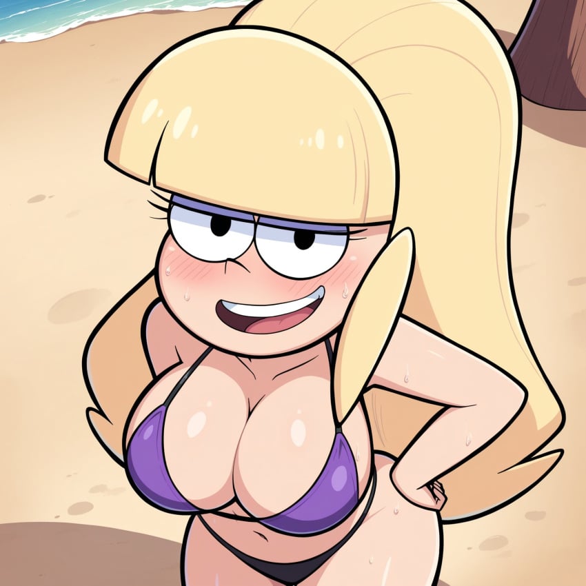 1girls ai_generated bangs beach bedroom_eyes big_breasts bikini blonde_hair blunt_bangs blush cats62 cleavage curvy curvy_female eyeshadow female female_only from_above gravity_falls half-closed_eyes long_hair looking_at_viewer makeup naughty_face navel open_mouth open_smile outdoors pacifica_northwest purple_bikini sand smug_face solo solo_female sweating swimsuit teasing_viewer thick_thighs thighs very_long_hair