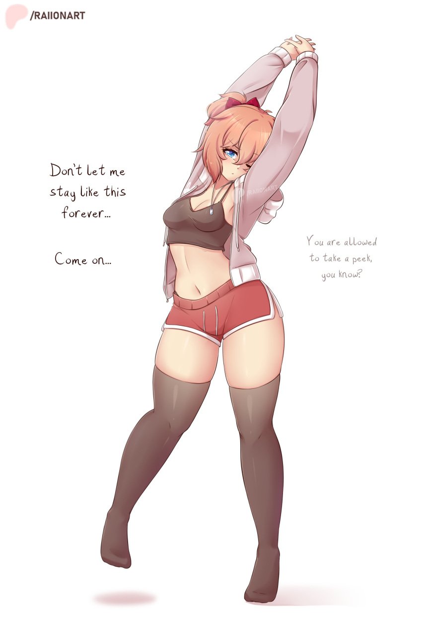 belly_button blue_eyes brown_hair doki_doki_literature_club feet hoodie just_sayori looking_at_viewer one_eye_closed open_jacket raionart sayori_(doki_doki_literature_club) short_hair shorts slim_waist small_breasts socks stretching teenager thick_thighs thighhighs top wide_hips