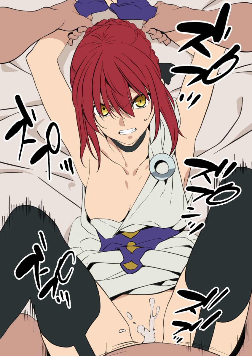 1boy aji_n ancient_greek_clothes angry black_choker breasts choker commentary_request fate/strange_fake fate_(series) female glaring grabbing_another's_arm greco-roman_clothes highres hippolyta_(fate) looking_at_viewer medium_breasts missionary motion_lines pov rape red_hair restrained sidelocks spread_legs straight yellow_eyes