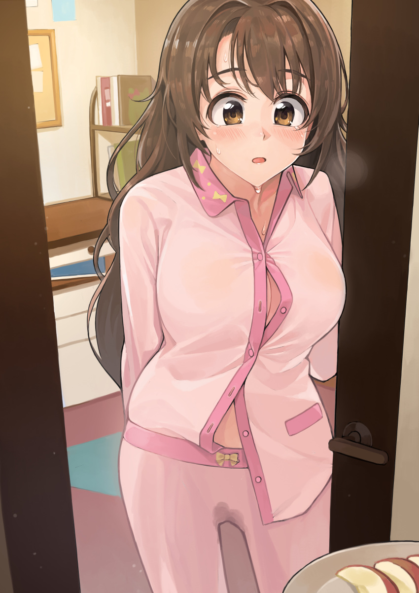 :o absurdres ameyame apple apple_slice arms_at_sides blush book bookshelf bow breasts brown_eyes brown_hair buttons carpet cleavage collarbone desk door drawer dripping female folder food fruit fully_clothed highres idolmaster idolmaster_cinderella_girls indoors long_hair long_sleeves open_door open_mouth pajamas plate pussy_juice_stain shimamura_uzuki solo_focus standing sweat sweatdrop table tareme unbuttoned very_long_hair yellow_bow