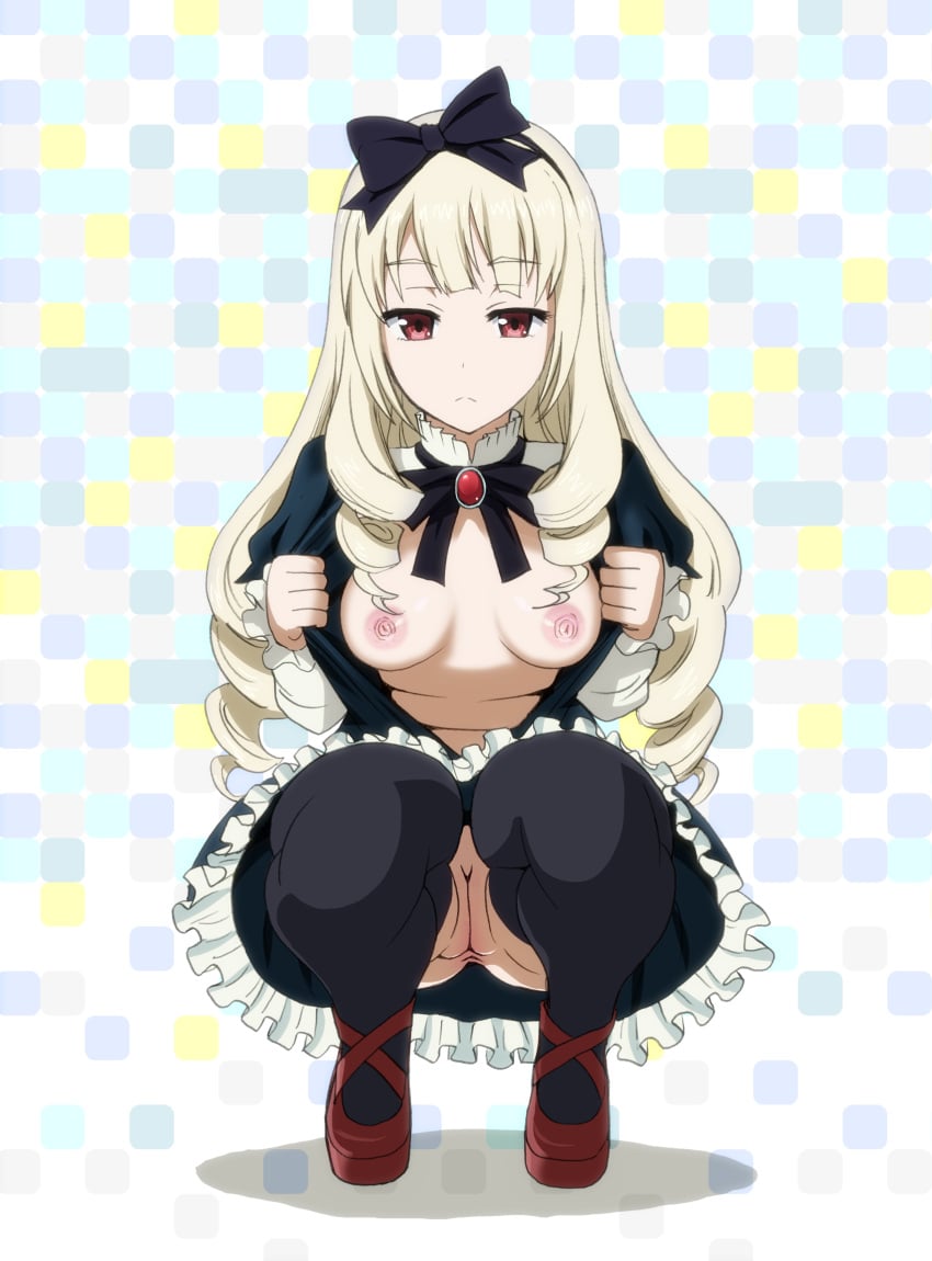 blonde_hair bow breasts clothing dress drill_hair female gothic_lolita hairbow highres kamitsuki_manmaru lolita_fashion long_hair looking_at_viewer nipples no_panties open_clothes open_shirt photoshop pussy red_eyes rinko_ogasawara shirobako solo squatting stockings thighhighs uncensored