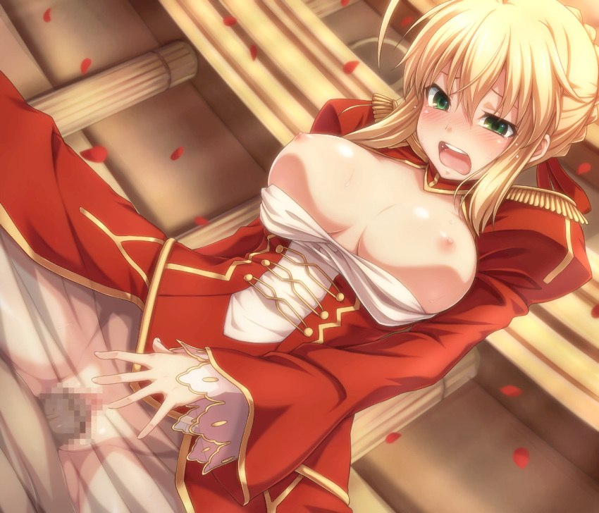 ahoge blonde_hair blush breasts censored cowgirl_position dress dutch_angle epaulettes fate/extra fate_(series) female green_eyes hair_ribbon large_breasts large_penis mosaic_censoring nero_claudius_(fate) nipples no_panties open_clothes open_mouth penis petals pokiyu pussy ribbon see-through sex shiny shiny_skin solo_focus spread_legs straight tears torogao uneven_eyes vaginal_penetration