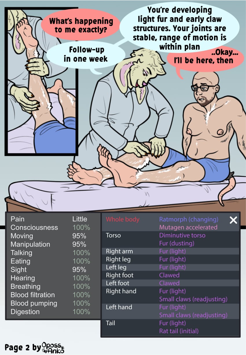absurd_res anthro beard bottomwear breast_growth breasts claw_growth claws clothed clothing coat comic dialogue dizzy dock_(anatomy) doctor duo electronics english_text eyewear facial_hair female forced forced_transformation fur fur_growth game_console gameplay_mechanics gender_transformation glasses group growth gui gynomorph hair health_bar hi_res human human_to_anthro injection intersex kiri-anko lab_coat laboratory laboratory_equipment lagomorph leporid male mammal medical medical_gloves medical_instrument mid_transformation mtf_transformation murid murine mutagen nipples nude pain pants rabbit rat rat_tail rimworld rodent scientific_experiment scientific_instrument sequence species_transformation speech_bubble surgical_suture tail text topless topless_human topless_male topwear transformation transformation_sequence underwear
