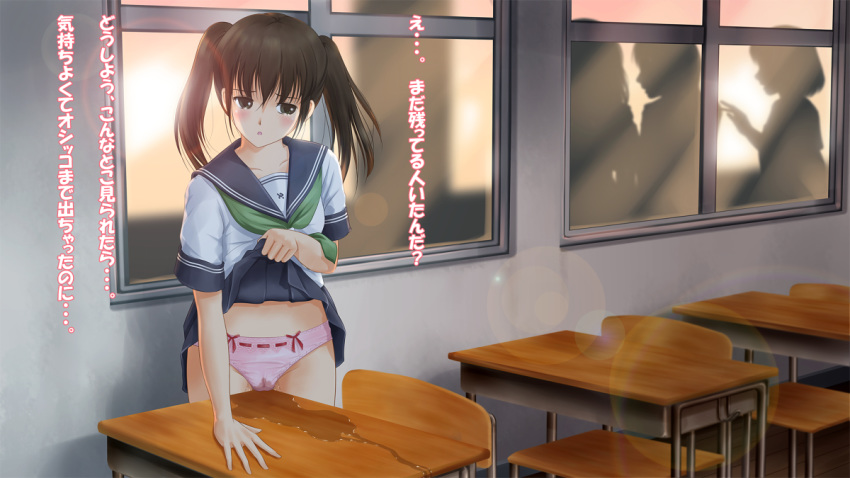 black_eyes black_hair blush classroom crotch_rub desk highres masturbation multiple_girls nikkeru_suiso original panties peeing peeing_self pink_panties pussy_juice pussy_juice_puddle pussy_juice_stain school_uniform silhouette skirt skirt_lift table_humping text translated underwear wet_panties