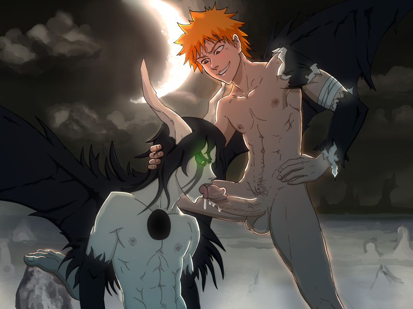 2boys anma barefoot black_hair bleach brown_eyes drooling feet fellatio hair horns ichigo_kurosaki licking male_only multiple_boys naughty_face nude open_mouth oral orange_hair outdoors penis saliva short_hair smile testicles tongue_out torn_clothes ulquiorra_cifer yaoi yellow_eyes