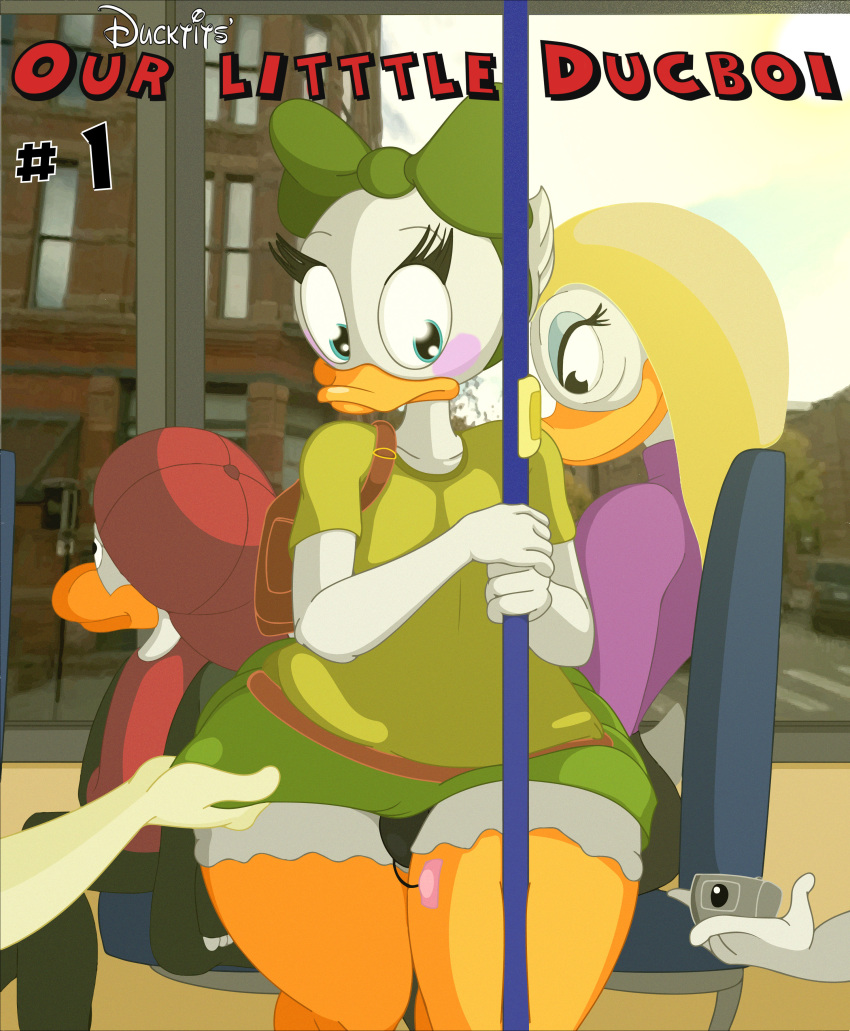 1girls 2boys anthro ass avian backpack ball_bulge balls balls_in_panties beak bird blue_eyes bow bulge bus clothed clothing crossdressing cute disney duck ducktales ducktits female flaccid green_shirt green_skirt hairbow legwear louie_duck male male_with_female male_with_male panties panty_bulge penis penis_bulge penis_in_panties penis_under_clothes pole public sex_toy shirt skirt stockings text trap vibrator wide_hips