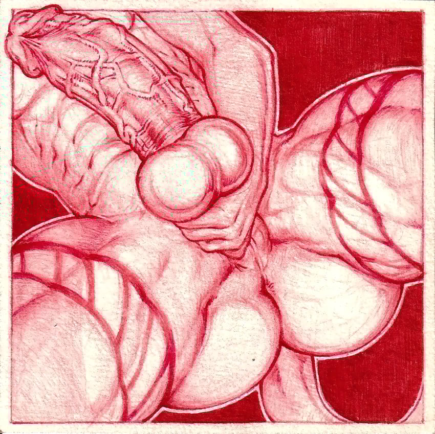 anthro anus_peek ass ball_grab balls big_balls big_penis felid gabriel_fahn genitals hi_res kurokkuru_(slutty4xel) lion male mammal markings monochrome pantherine penis solo traditional_media_(artwork) under_view vein veiny_penis