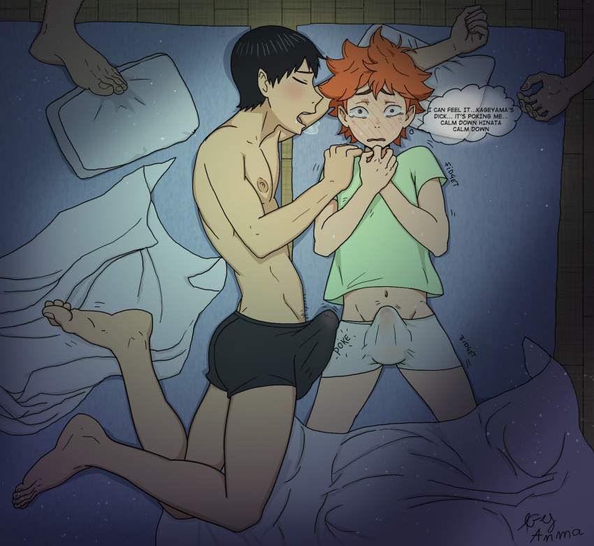 2boys anma background barefoot beige_skin black_hair black_underwear blush bulge color drooling english_text erect_nipples erection erection_under_clothes eyes_closed feet gay haikyuu!! hair legs_apart lying_on_back lying_on_side male male_only multiple_boys nervous orange_hair penis_size_difference penis_under_clothes precum_through_underwear saliva short_hair shoyo_hinata sleeping sleeping_mats tan_skin text tobio_kageyama topless translated uncensored underwear underwear_only white_underwear wide_eyes yaoi