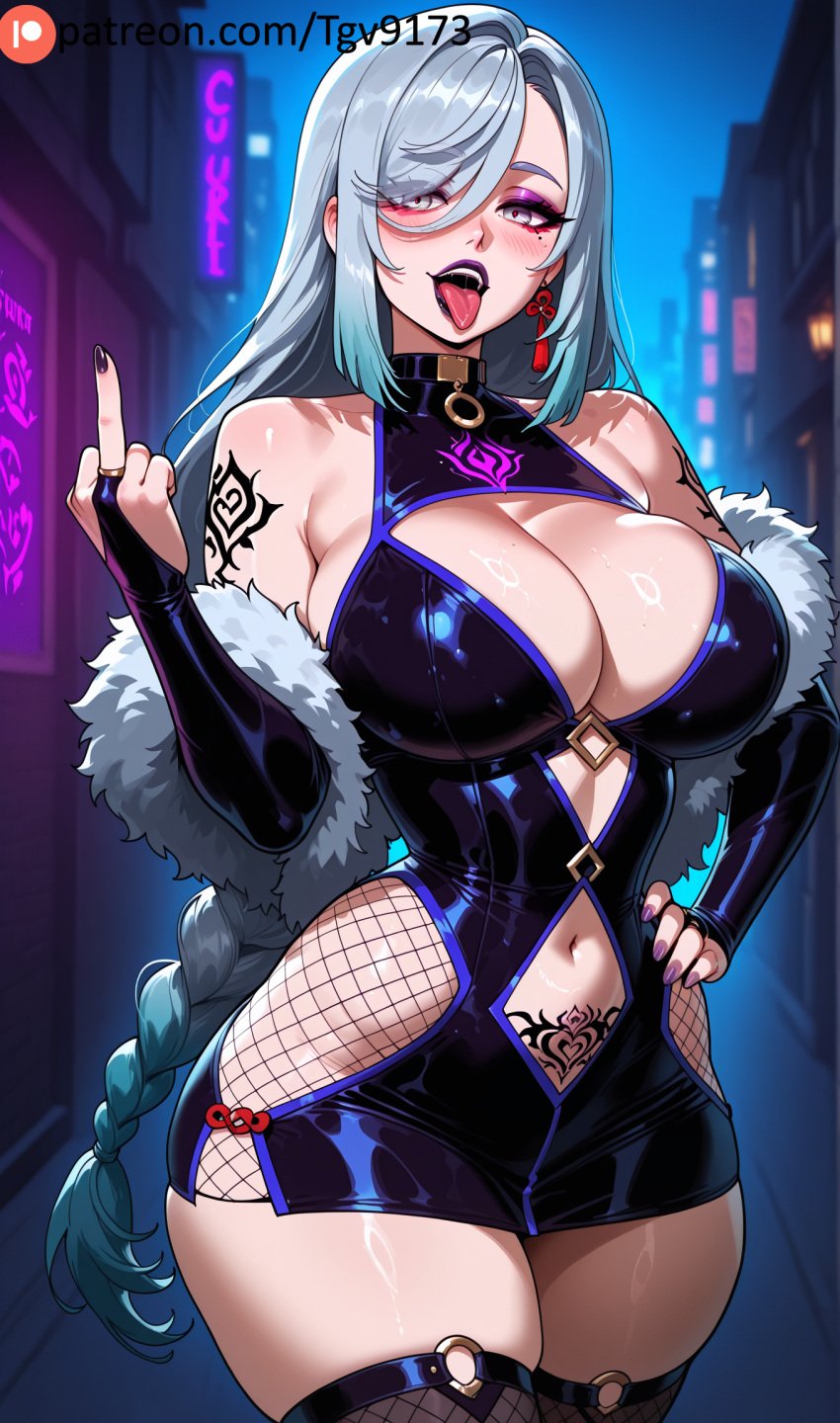 ai_generated bangs bare_shoulders bimbofication braid breasts bridal_gauntlets cleavage clothing_cutout corruption dress earrings eyeshadow female fishnet_thighhighs fishnets genshin_impact hair_over_one_eye hand_on_hip jewelry large_breasts long_hair looking_at_viewer makeup nail_polish navel navel_cutout night o-ring open_mouth pubic_tattoo shenhe_(genshin_impact) solo tattoo tgv9173 thick_thighs thighhighs thighs tongue tongue_out