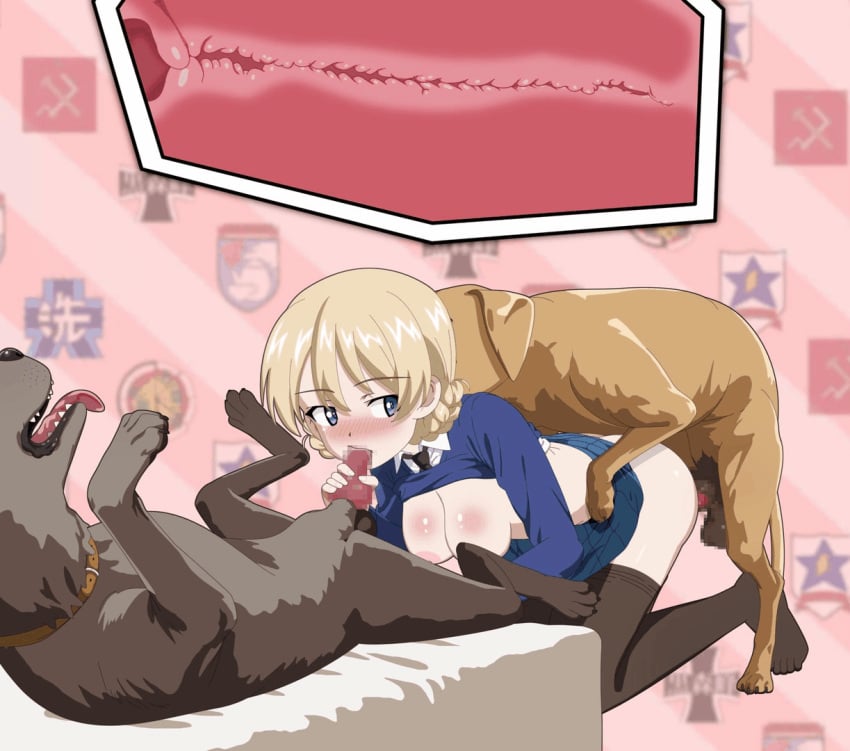 1girls 2boys animal_genitalia animal_penis animated animated ass becoming_erect blonde_hair blowjob blue_eyes breasts canid canine canine_penis censored closed_eyes clothed clothed_sex clothing darjeeling domestic_dog fellatio female feral gesture getting_erect girls_und_panzer handjob interspecies knot knotted_penis lying male male/female masturbation medium_breasts mmf_threesome mosaic_censoring mosaic_censorship nipples open_mouth oral oral_sex pantsu_ahaundo penetration penis sex sex_from_behind threesome tongue tongue_out vaginal_insertion vaginal_penetration vaginal_penetration vaginal_sex zoophilia