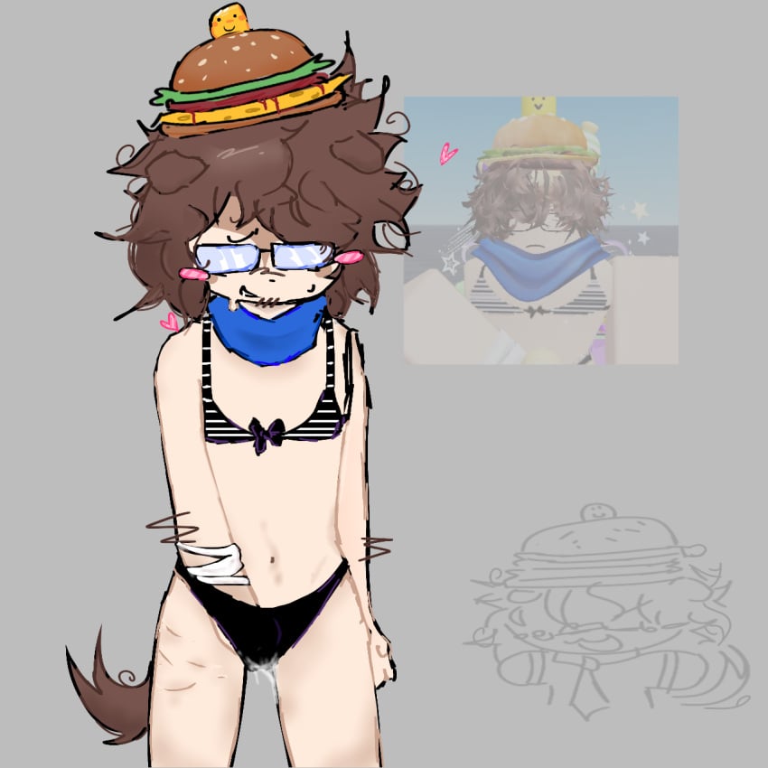 007n7_(forsaken) blush boy brown_hair burger_hat canine dog_ears dog_tail eyeless femboy forsaken_(roblox) glasses masturbation robloxian scarf scars_on_legs solo swimsuit