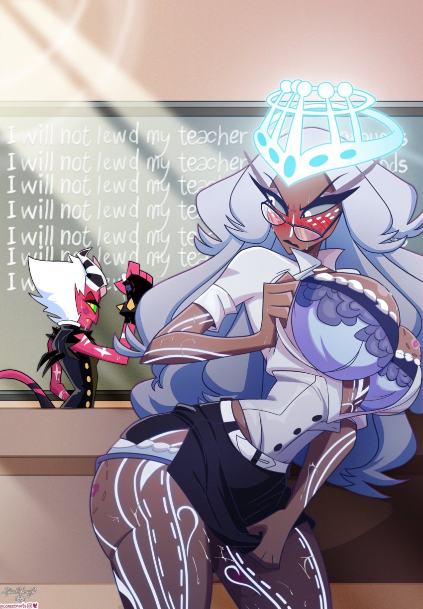 1boy 1girls after_sex aless_(corazonarts) angel angel_girl ass ass aureola bare_legs bare_thighs big_ass big_breasts big_butt bite_mark blush bra color corazonarts dark-skinned_female dark_skin demon demon_boy demon_horns demon_tail english_text female glasses grey_hair hazbin_hotel hi_res kiss_mark large_breasts long_hair male male/female panties sera_(hazbin_hotel) tagme teacher teacher_outfit text thick_thighs vivienne_medrano