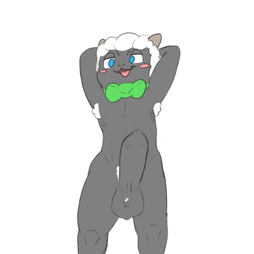 absurd_res armpit_hair baable balls body_hair bovid bow_tie caprine comic erection foreskin genitals hands_behind_head hi_res large_penis male mammal open_mouth penis pubes sheep tapering_penis twerpishimp