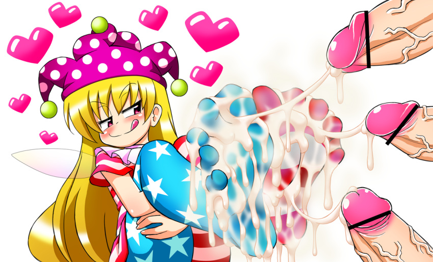 :p american_flag american_flag_legwear american_flag_shirt blonde_hair censored clownpiece cum cum_on_body cum_on_lower_body cum_string ejaculation feet female heart holding_legs jester_cap legs_up long_hair madou naughty_face pantyhose penis pov_feet soles toes tongue touhou wings