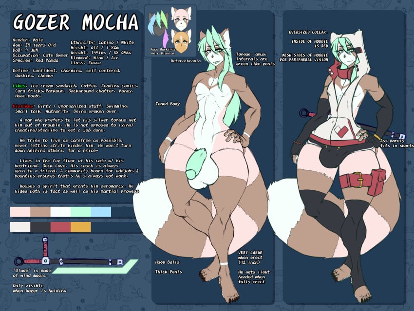 ailurid anthro anuki balls big_balls big_penis femboy fur genitals gozer_mocha green_hair hair heterochromia hi_res huge_balls huge_cock mammal model_sheet nude_anthro penis pink_body pink_fur red_panda solo thick_thighs wide_hips
