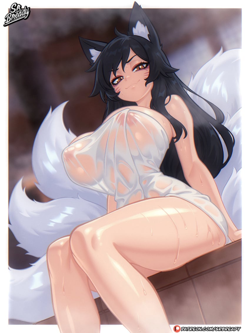 1girls ahri ahri_(league_of_legends) black_hair face_markings fangs fox_ears fox_tail indoors league_of_legends lip_fang long_hair looking_at_viewer patreon patreon_link patreon_logo patreon_url patreon_username riot_games see-through see-through_clothing smirking smirking_at_viewer srbready steam tail towel towel_only vastaya wet wet_body wet_skin wet_towel yellow_eyes