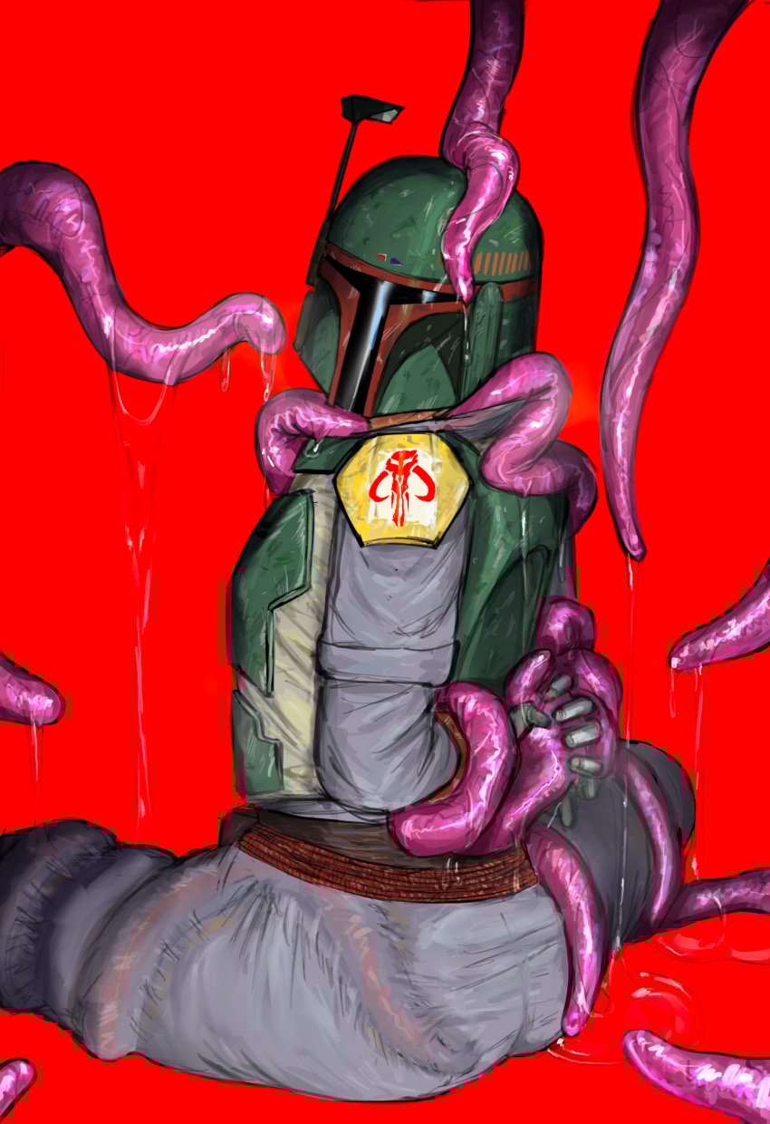 1boy armor boba_fett helmet helmet_with_visor male male_only mandolorian meowmeow_(artist) meowmeowneon-arts meowmeowneonarts red_background slime solo solo_focus solo_male star_fox tentacle tentacle tentacle_on_male
