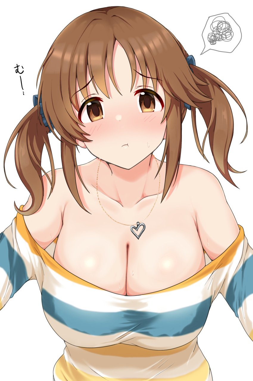 :t absurdres armpit_crease blush breasts brown_hair closed_mouth collarbone commentary_request female heart heart_necklace highres idolmaster idolmaster_cinderella_girls jewelry large_breasts looking_at_viewer necklace nose_blush off-shoulder_shirt off_shoulder raindrop746079 shirt simple_background solo spoken_squiggle squiggle striped_clothes striped_shirt sweat totoki_airi twintails upper_body white_background