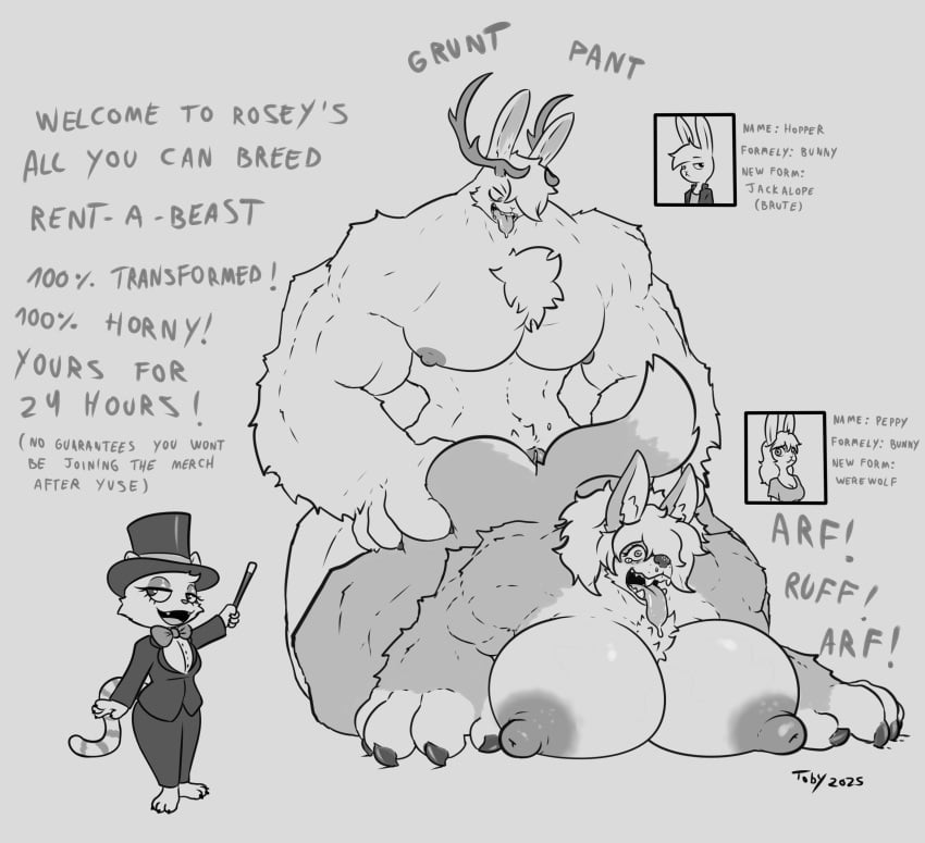 anthro before_and_after cat_ears cat_girl cat_tail dialogue implied_transformation jackalope larger_female larger_male magician monster muscular muscular_female muscular_male rabbit rabbit_ears rabbit_girl toby_art werewolf