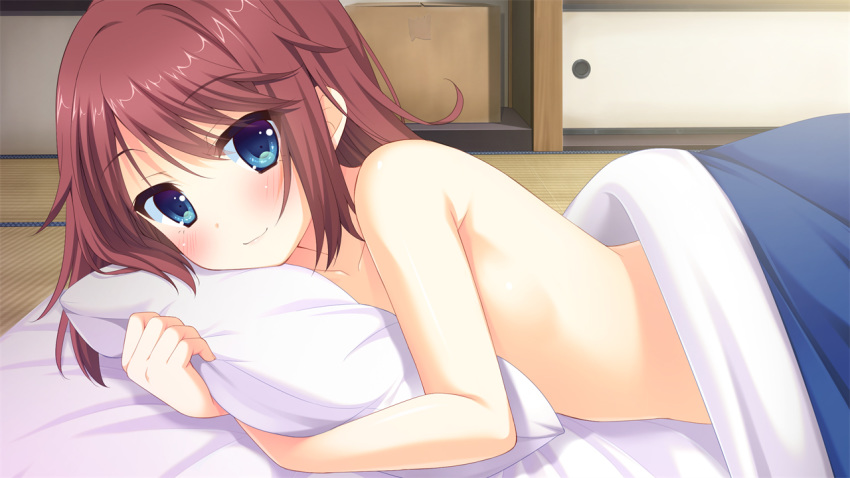 bed blush brown_hair collarbone female galette game_cg glace kitami_ruri nude onii-chan_teacher pikazo pillow_hug short_hair smile tagme