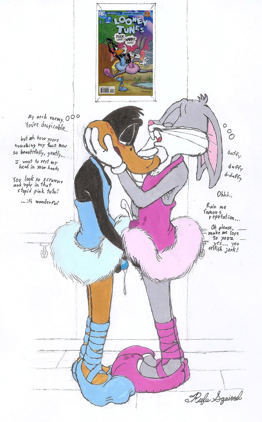 absurd_res acrylic_painting_(artwork) anatid anseriform anthro avian ballet bird blush bodily_fluids body_hair book_reference bottomwear bugs_bunny clothed clothing comic_book comic_book_cover crossdressing cum cum_in_clothing cum_on_clothing cum_through_clothing daffy_duck dance_shoes dance_studio dancewear dripping duck duo enemies_to_lovers femboy footwear frenemies fur_trim_(clothing) genital_fluids gloves hand_on_cheek handjob handjob_through_clothing handjob_while_masturbating handwear hi_res inner_monologue inside lagomorph leotard leporid limp_wrist looney_tunes male male/male mammal masturbating_other masturbation official_art orgasm painting_(artwork) penile pointe_shoes precum precum_drip rabbit rivalry romantic_confession rufe_squirrel sex shoes simple_background skinny skirt slippers stain standing submissive thinking thought_bubble touching_face traditional_media_(artwork) traditional_painting_(artwork) tutu warner_brothers wet wet_clothing