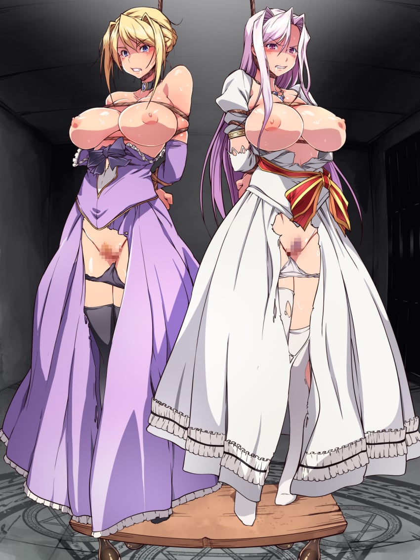 2girls angry areolae arms_behind_back bare_shoulders blonde_hair blue_eyes blush bondage breasts breasts_out censored charlotte_hazellink clenched_teeth clothing dress execution feet hair_bun highres huge_breasts large_breasts legs long_hair looking_at_viewer mosaic_censoring multiple_girls multiple_subs nightmare_express nipples noose panties panty_pull pink_hair princess princess_lover purple_eyes pussy restrained rope royalty silvia_van_hossen standing stockings thighhighs thighs tied_up tiptoes toes torn_clothes underwear