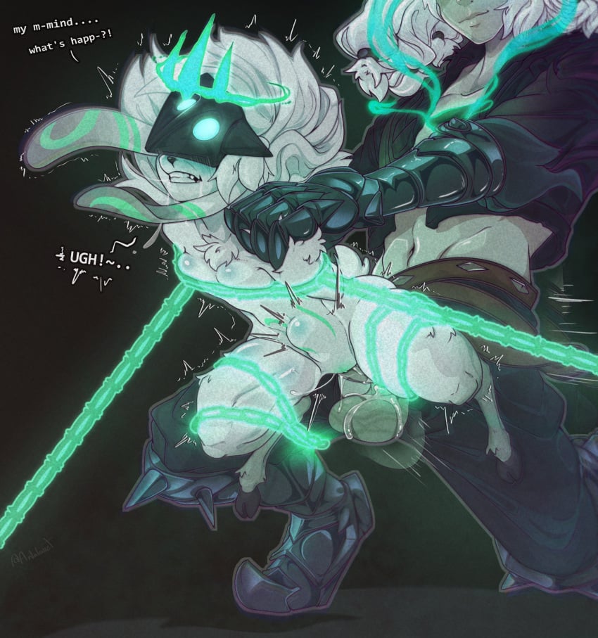 antalauzt armor armored_boots blush blush chains clothed_male clothed_male_nude_female clothed_sex cloven_hooves corruption english_text enjoying_rape furry gauntlets glowing_genitalia human_on_furry kindred lamb_(league_of_legends) league_of_legends mask masked masked_female ruination ruined_king_symbol shaking_lines slobber smirk smirking smirking_at_partner speech stomach_bulge tremble_spikes vaginal_penetration viego_(league_of_legends) wet_penis white_fur white_hair