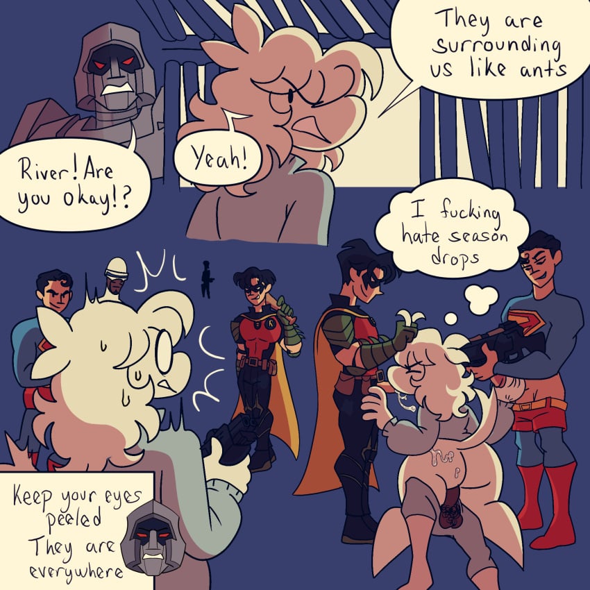 bodily_fluids clothed clothing comic cum dc_comics female forced frozone_(the_incredibles) gangbang genital_fluids group group_sex hasbro hesitant hi_res human humanoid male male/female mammal megatron partially_clothed penetration river-zombie robin_(dc) sex superman takara_tomy transformers vaginal_penetration