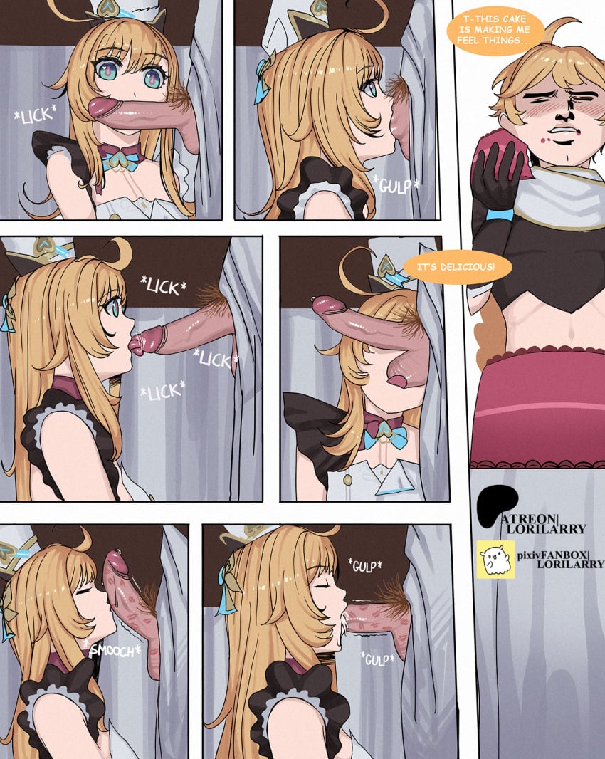 1boy 1girls aether_(genshin_impact) ball_sucking blonde_hair chef comic crouching deepthroat dialogue escoffier_(genshin_impact) fellatio female genshin_impact hidden hoyoverse kissing_penis licking_penis lipstick lipstick_mark lipstick_on_balls lipstick_on_penis lorilarry male mihoyo oral squatting text under_the_table