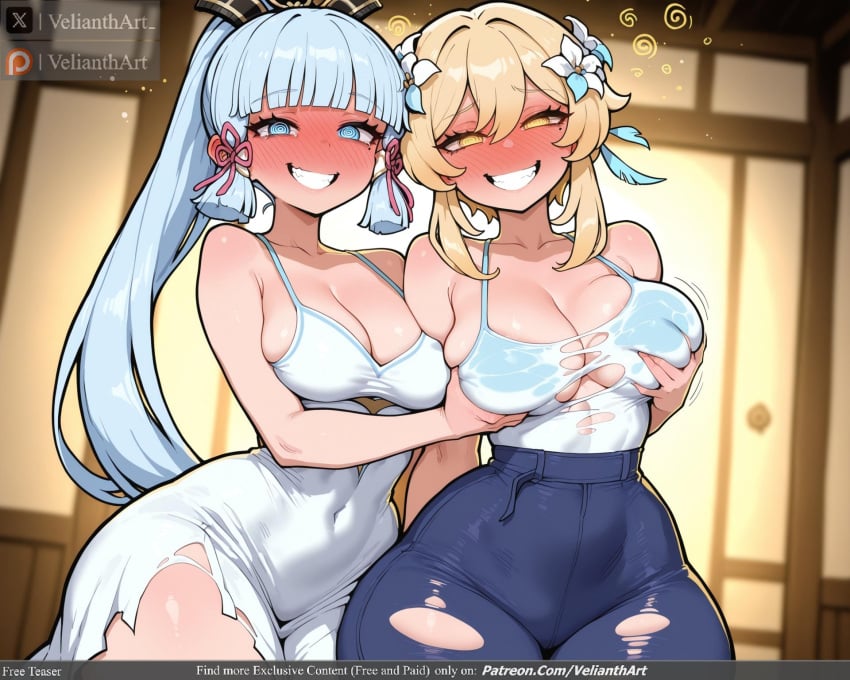 2girls ai_generated bangs bare_shoulders blonde_hair blue_eyes blue_hair blunt_bangs blurry blurry_background blurry_foreground blush breast_grab breasts burnt_clothes cat_cutout cleavage clenched_teeth clothing_cutout collarbone covered_navel crotch_cutout cuts damaged dark-skinned_female deep_skin denim depth_of_field dress drunk eyebrows_visible_through_hair flower full-face_blush genshin_impact grabbing grabbing_from_behind grin groping hair_flower hair_ornament hair_ribbon heart_cutout indoors kamisato_ayaka large_breasts long_hair lumine_(genshin_impact) multiple_girls nose_blush pants pencil_dress ribbon shorts skindentation smile tagme tearing_clothes teeth tight torn torn_bike_shorts torn_bodysuit torn_cape torn_clothes torn_dress torn_gloves torn_jacket torn_jeans torn_legwear torn_leotard torn_panties torn_pants torn_shirt torn_shorts torn_skirt torn_sleeves torn_swimsuit underboob_cutout velianthart white_dress white_flower yellow_eyes yuri