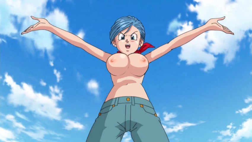 1girls accurate_art_style areola big_breasts blue_hair breasts bulma_briefs busty dragon_ball dragon_ball_super female fur jeans milf nekomate14_edited nipples nude_filter solo topless