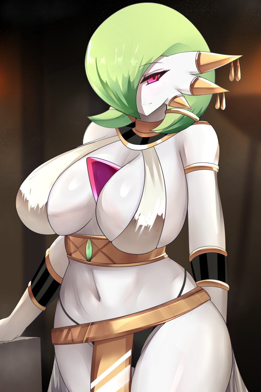 1girls :3 antennae arabian_clothes arm_bracers armlet arms bare_shoulders belly between_breasts black_armlet black_panties blurry blurry_background blush bob_cut body_blush bracelet breasts brooch brown_background cameltoe colored_skin ear earrings emerald_(gem) emerald_(gemstone) eyebrows eyelashes fairy fairy_type female furry g-string gardevoir gen_3_pokemon generation_3_pokemon gold gold_belt gold_earrings gold_trim green_brooch green_hair half-closed_eyes hand_on_counter highres indoors jewelry large_breasts legs long_arms long_ears long_eyelashes long_legs narrowed_eyes naughty_face navel nintendo panties pink_eyes pixiv pixiv_commission pixiv_id pixiv_link pixiv_username png png_file pointy_ears pokémon_(species) pokemon pokemon_(creature) pokemon_(species) psychic psychic_type red_eyes sana!rpg shiny_skin short_hair sideboob smile thick_eyelashes thick_thighs thighs thong underwear white_bra white_skin wide_hips