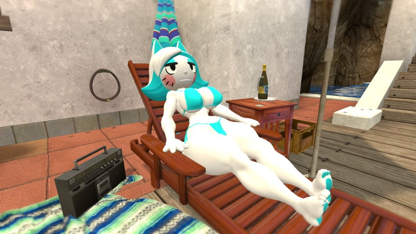 1girls 3d 3d_(artwork) bbw bbw_mom beach belly bikini breasts fat female female_only furry glasses glitch_productions kabalmystic karen_(smg4) karen_katphish laying_down smg4 solo solo_female solo_focus