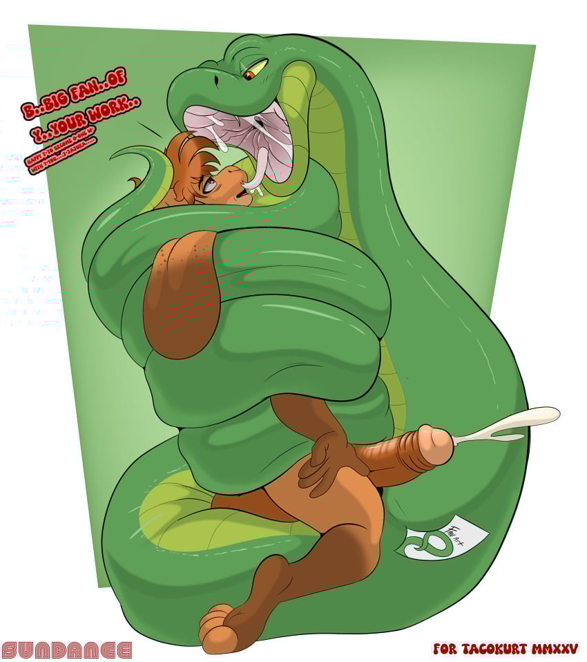 2025 absurd_res ambiguous_gender anthro bodily_fluids border brown_hair bunnyboi0108 coiling_another duo ejaculation english_text feral freckles genitals green_background green_body green_scales hair hi_res humanoid_genitalia humanoid_penis imminent_vore jajuka lagomorph leporid male mammal nude open_mouth penis rabbit reptile saliva scales scalie simple_background snake sundance text white_border yellow_body yellow_scales