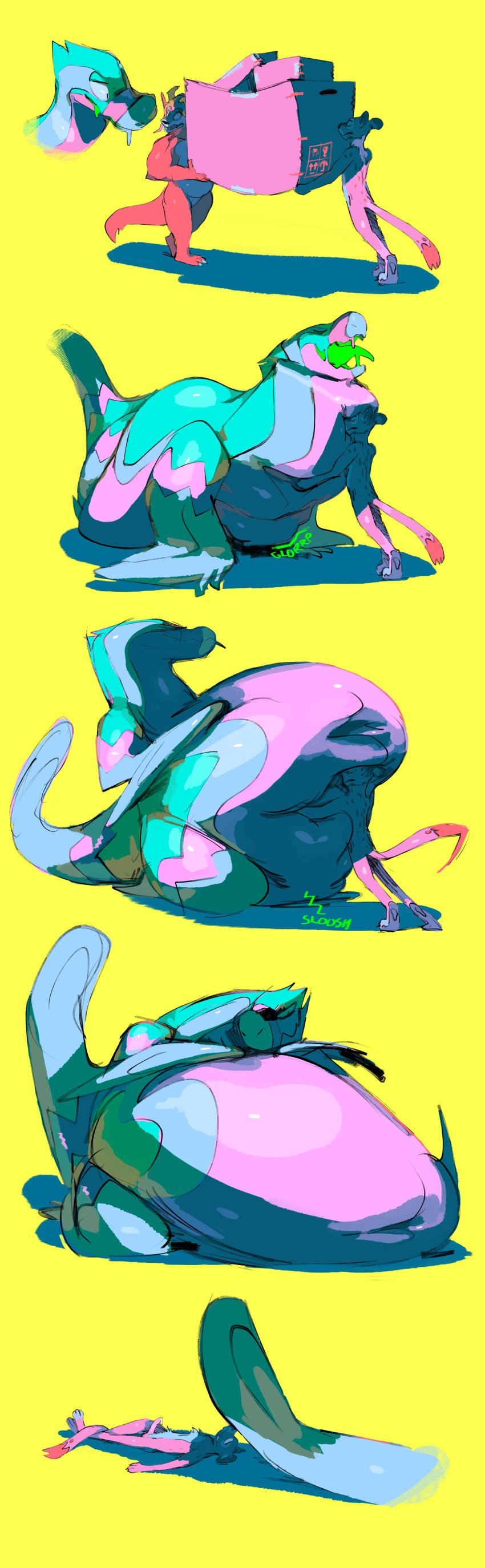 2021 80sarchosaur absurd_res anthro belly big_belly cougar dinosaur felid feline genitals group hi_res huge_belly male male_focus male_only mammal object_vore overweight penis pink_body prehistoric_species reptile scalie simple_background trio vore yellow_background