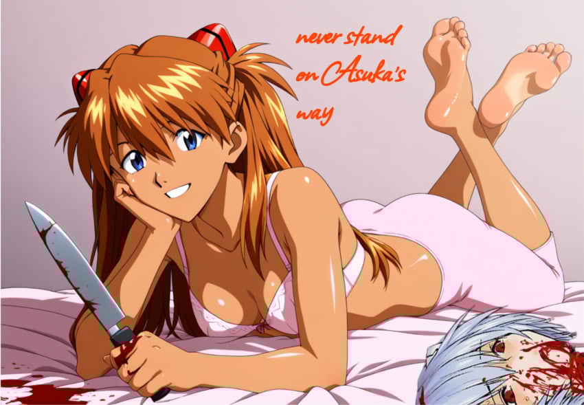 2girls alpha_female ass asuka_langley_sohryu bare_legs bare_shoulders barefoot bdsm beautiful_girl bed bedroom beheaded best_girl blood blood_on_hand blood_on_knife blood_stain blue_eyes blue_hair breasts cheerful crossed_legs death dominant_female domination english_text enjoying enjoyment excited feet feet_up female foot_fetish foot_focus ginger ginger_hair gore hair_ornament happy happy_dom happy_female happy_girl hips holding_knife killing knife kuudere leggings legs long_hair looking_at_viewer lying medium_breasts murdered neon_genesis_evangelion on_stomach open_smile orange_hair pink_bra pink_leggings pink_pants red_eyes red_hair redhead_female rei_ayanami relaxing sadism sadistic sadistic_girl sadistic_smile sexy_pose shiny_breasts shiny_skin short_hair showing_feet smile smiling smiling_at_viewer soles teasing teenage_girl teenager teeth the_pose toes tsundere violence winner
