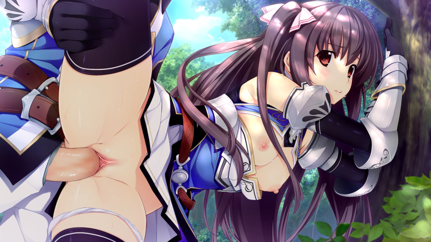 1boy against_tree armor blush breasts clitoris clothed_sex elbow_gloves female gauntlets gloves hair_ribbon iizuki_tasuku leg_lift lil_coulier long_hair male nipples outdoors panties panties_around_leg penetration penis pleated_skirt pussy red_eyes ribbon seikishi_melty_lovers sex skirt solo_focus straight thighhighs tree uncensored vaginal_penetration zettai_ryouiki