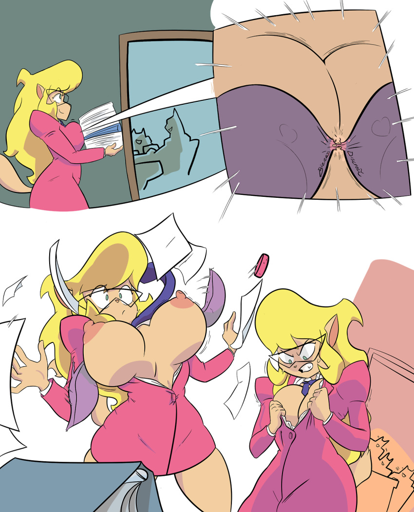 2d angry anthro areola big_breasts blonde_hair bouncing_breasts breasts bursting_breasts callie_briggs cleavage color comic embarrassed feline furry green_eyes large_breasts nipples office_lady papers smile suit swat_kats tail themanwithnobats tie uncensored wardrobe_malfunction