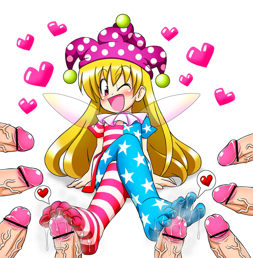 american_flag american_flag_legwear american_flag_shirt blonde_hair censored clownpiece cum cum_on_body cum_on_lower_body fairy_wings feet female footjob hair happy_sex hat headgear heart jester_cap legs_crossed long_hair madou multiple_penises no_shoes open_mouth penis pink_eyes polka_dot precum simple_background sitting smile spread_toes toes touhou veiny veiny_penis wings wink