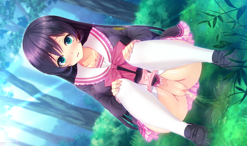 blue_eyes blush censored female game_cg kamishiro_aoi kyuuketsu_hime_no_libra libra_of_the_vampire_princess long_hair miyasu_risa onomatope open_mouth outdoors panties panty_pull peeing purple_hair school_uniform solo tagme