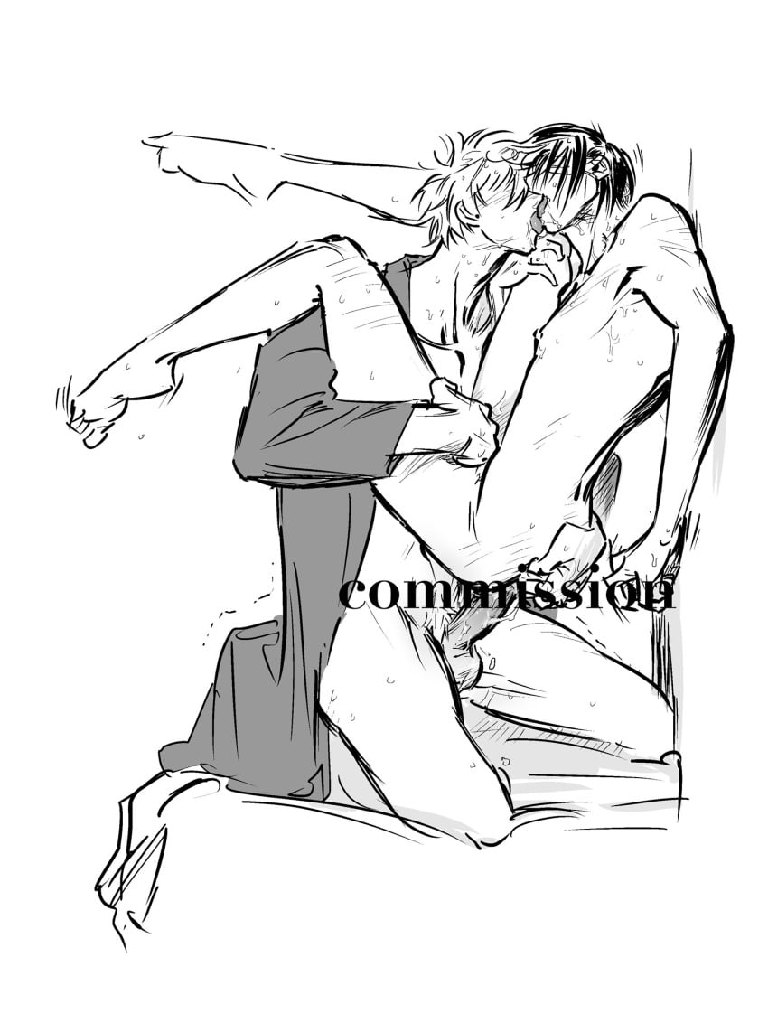 2boys against_wall anal anal_sex bottom_heavy_femboy censored chu_pumpkinhoe clothed_male_nude_male commission french_kiss full_body gay gintama gintoki_sakata kissing kneeling legs_on_shoulders male male_only monochrome nude penis sketch sweat takasugi_shinsuke text_censor tongue_out watermark yaoi