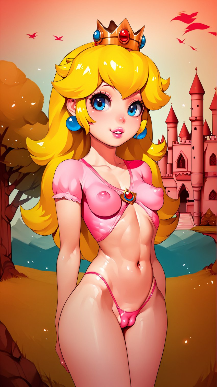 ai_generated arms_behind_back autismmix_pony(model) blonde_hair blue_eyes cameltoe castle covered_nipples crown earrings erect_nipples lipstick looking_at_viewer mario_(series) marusame midriff navel outdoors perky_breasts princess_peach pursed_lips sleeveless_shirt stable_diffusion thong tight_clothing