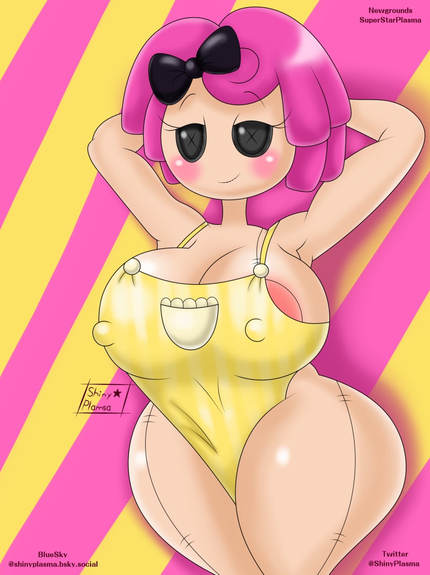 2024 2d alternate_version_at_source apron apron_only ass bedroom_eyes big_ass blush bow_ribbon breasts clothed crumbs_sugar_cookie doll female huge_breasts lalaloopsy looking_at_viewer mattel nipples nipples_visible_through_clothing pink_hair smile solo superstarplasma