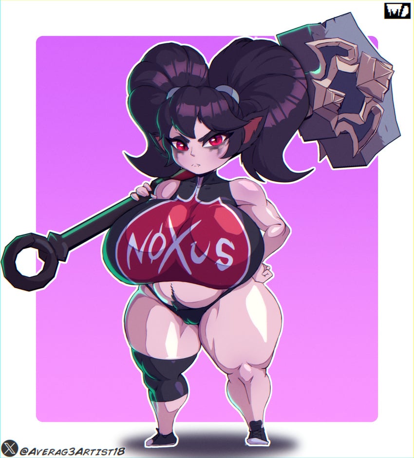 averag3artist18 blonde_hair blue_body blue_skin female female_focus female_only league_of_legends looking_at_viewer noxus_poppy poppy pubic_hair riot_games shortstack solo solo_female solo_focus twintails yordle