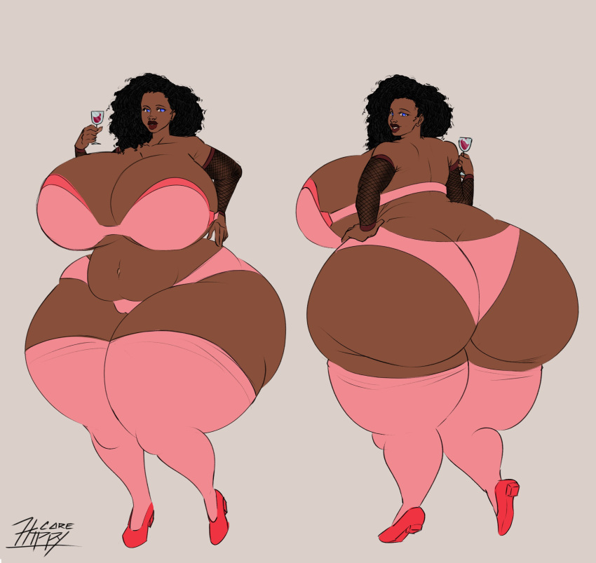 barely_clothed black_hair chubby_belly dark-skinned_female dominant hippycore huge_butt large_breasts obese_female oc pink_lingerie seven_feet_tall stripper tall tight_bra wide_hips wine_glass